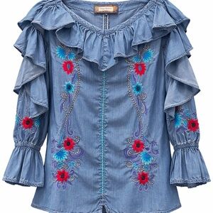 Vintage Collection Embroidered Chambray Ruffle Boho Blouse Small